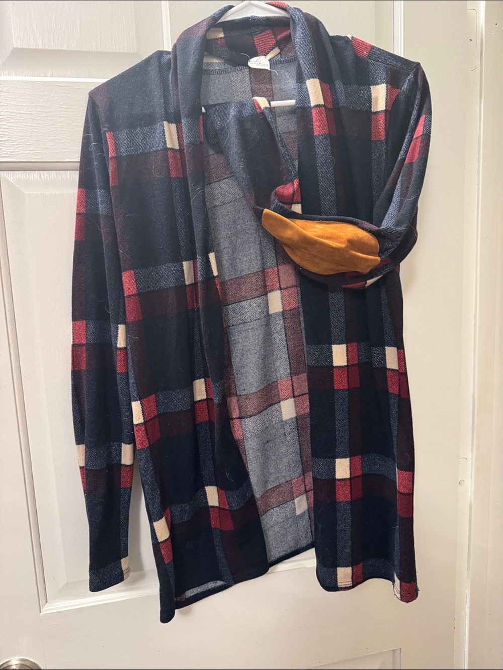 Women’s Navy and Red Plaid Open Cardigan Sweater